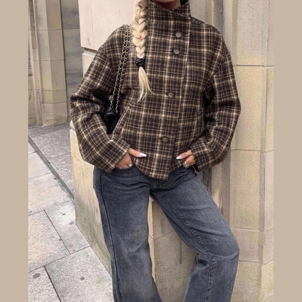 Brown Plaid Button Front High Neck Cropped Pea Coat Jacket